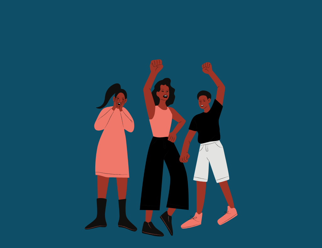 Three Black youth. One girl with her hand over her mouth, one girl with her fist raised, and one boy with his fist raised.