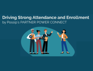 Four people (a Black man, Black woman, White man, and Asian woman) standing in conversation. Three with notebooks, and one standing with her arm outstretched. Below the words "Driving Strong Attendance and Enrollment."