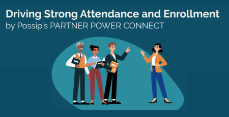 Four people (a Black man, Black woman, White man, and Asian woman) standing in conversation. Three with notebooks, and one standing with her arm outstretched. Below the words "Driving Strong Attendance and Enrollment."