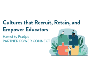 The text, "Cultures that Recruit, Retain and Empower Educators" next to people sitting on and standing next to puzzle pieces. One Black man, one brown woman, one white woman, and one white man.