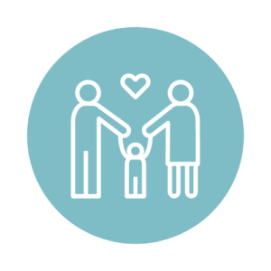 circle icon showing a mother and father holding a child's hands with a heart above the family; represents how Possip's multi-lingual texting platform lets schools hear from diverse voices