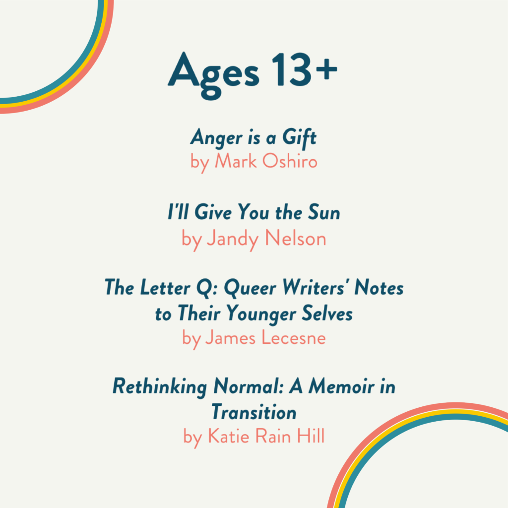Books for ages 13 and older listed. “Anger is a Gift” by Mark Oshiro, “I’ll Give You the Sun” by Jandy Nelson, “The Letter Q: Queer Writers’ Notes to their Younger Selves” by James Lecense, and “Rethinking Normal: A Memoir in Transition” by Katie Rain Hill