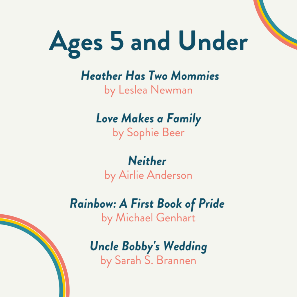 Books for ages 5 and under listed. “Heather Has Two Mommies” by Leslea Newman, “Love Makes a Family” by Sophie Beer, “Rainbow: A First Book of Pride” by Michael Genhart, and “Uncle Bobby’s Wedding” by Sarah S. Brannen