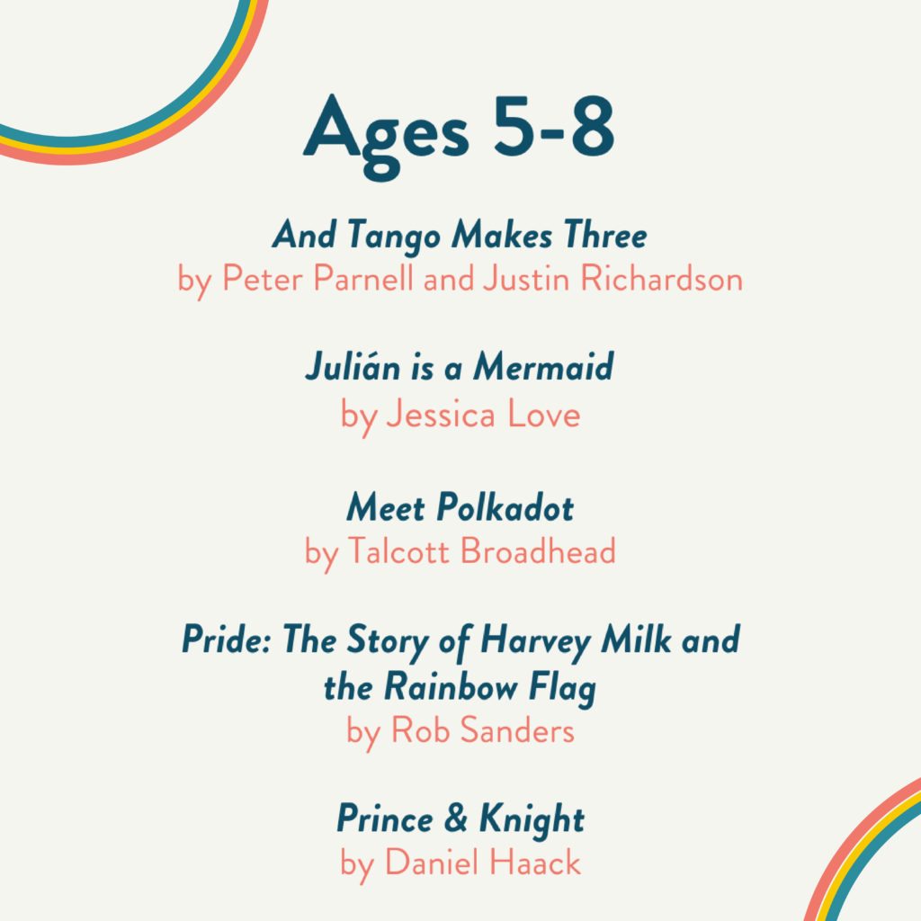Books for Ages 5 to 8 listed. “And Tango Makes Three” by Peter Parnell and Justin Richardson, “Julián is a Mermaid” by Jessica Love, “Meet Polkadot” by Talcott Broadhead, “Pride: The Story of Harvey Milk and the Rainbow Flag” by Rob Sanders, and “Prince & Knight” by Daniel Haack