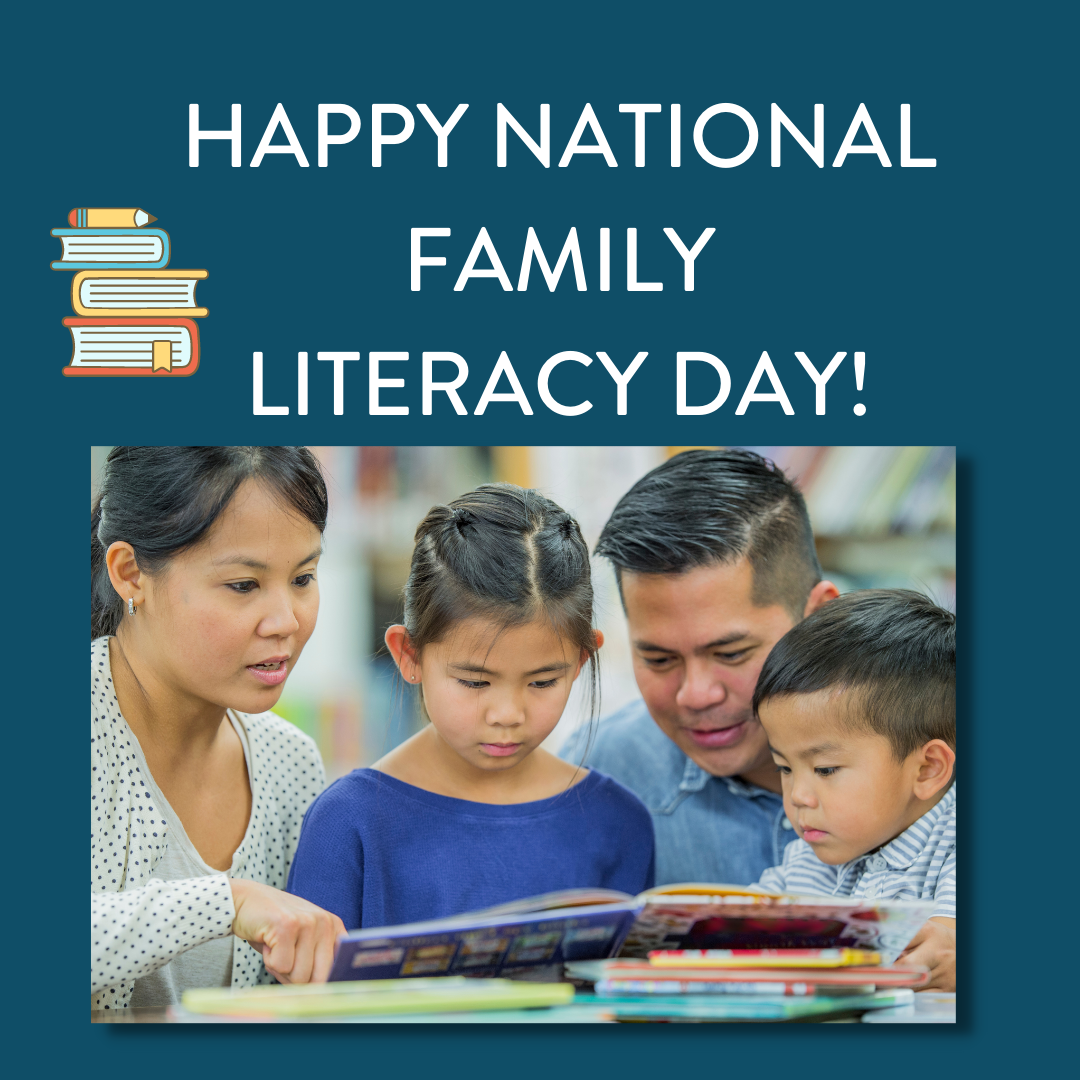 National Family Literacy Day. Family reading a book together