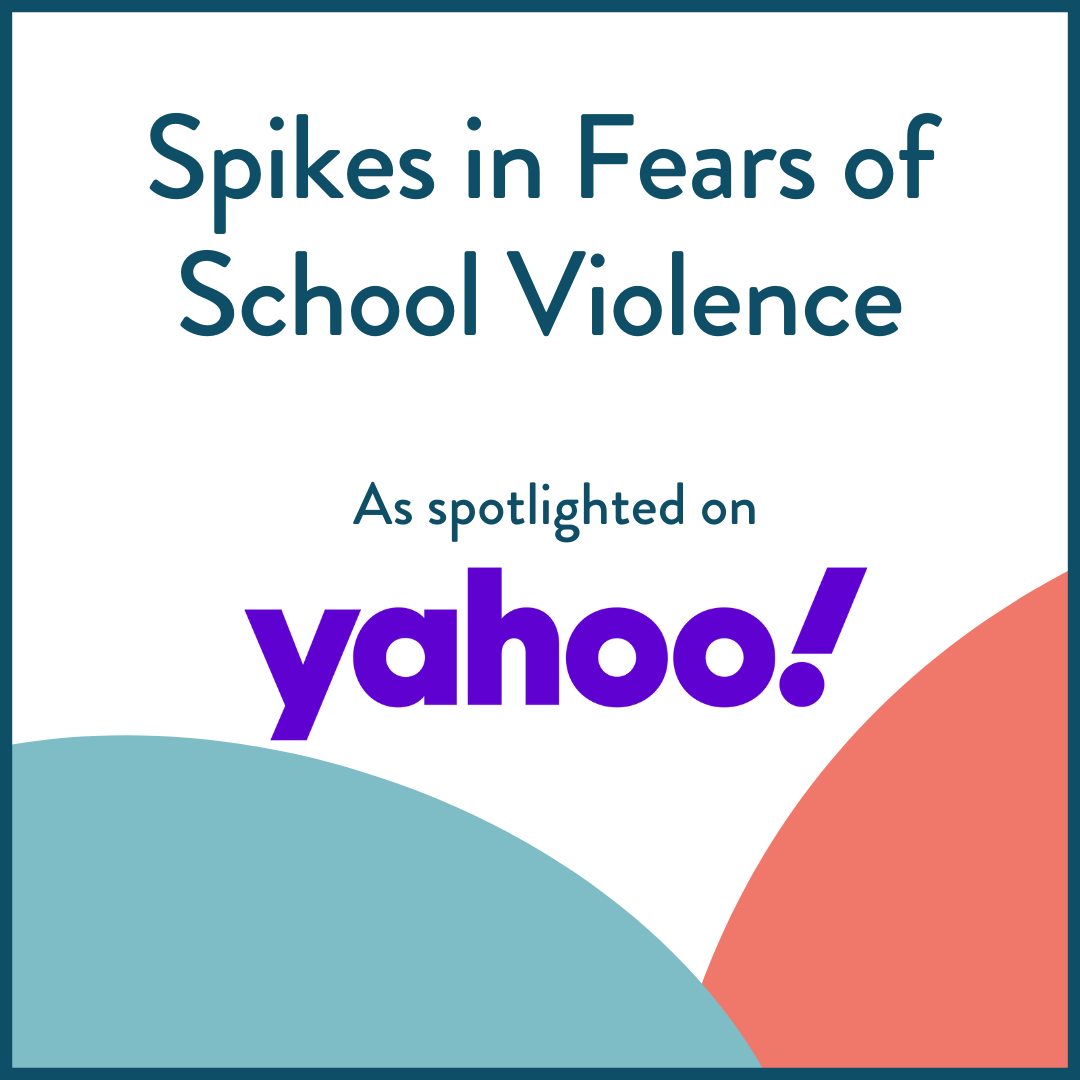 increase in school violence in blue text with Yahoo logo and blue and orange circles for design purposes.