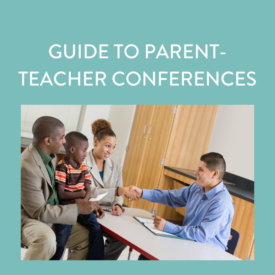 parents holding a child and shaking the teachers hand during a parent teacher conference.