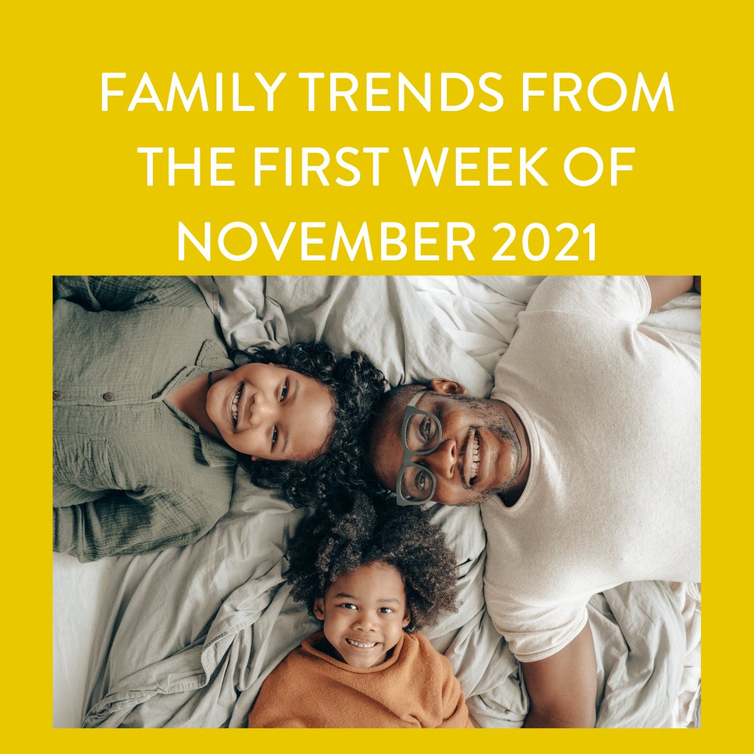 Family Trends from Week Ending on November 5th, 2021. Family laying on bed together smiliing.