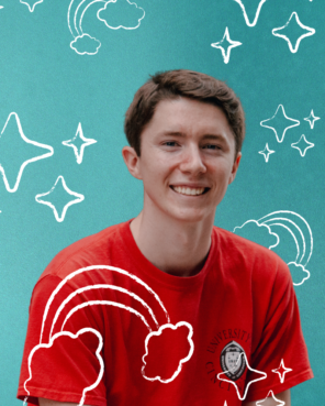 picture of Daniel Rowe in a red shirt with a teal background