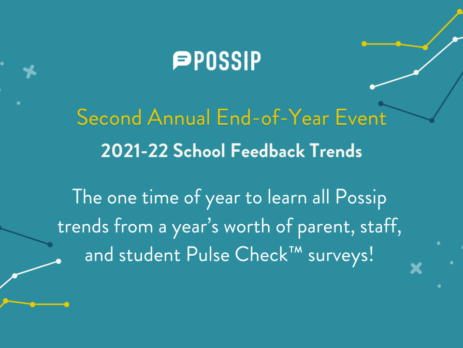 Possip Trends in Feedback Event Banner with a smiling family, teacher and student, and school staff. Event details are listed: Tuesday, May 10 from 10-11:30am CT/11-11:30pm ET! The one time of year to learn all Possip trends from a year’s worth of parent, staff, and student surveys!