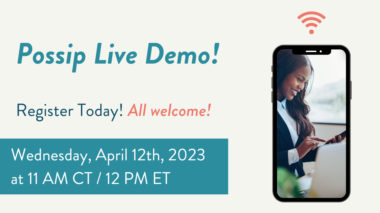 April 12, 2023 live demo header image with a woman looking at her phone and the date and time of the event