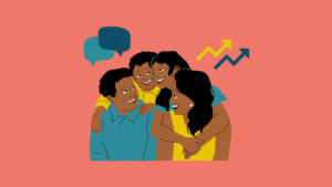 Family with speech bubbles and trends arrows