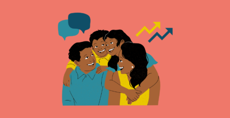 Family with speech bubbles and trends arrows