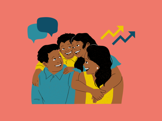 Family with speech bubbles and trends arrows