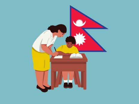 Teacher helping student study with nepal flag behind them