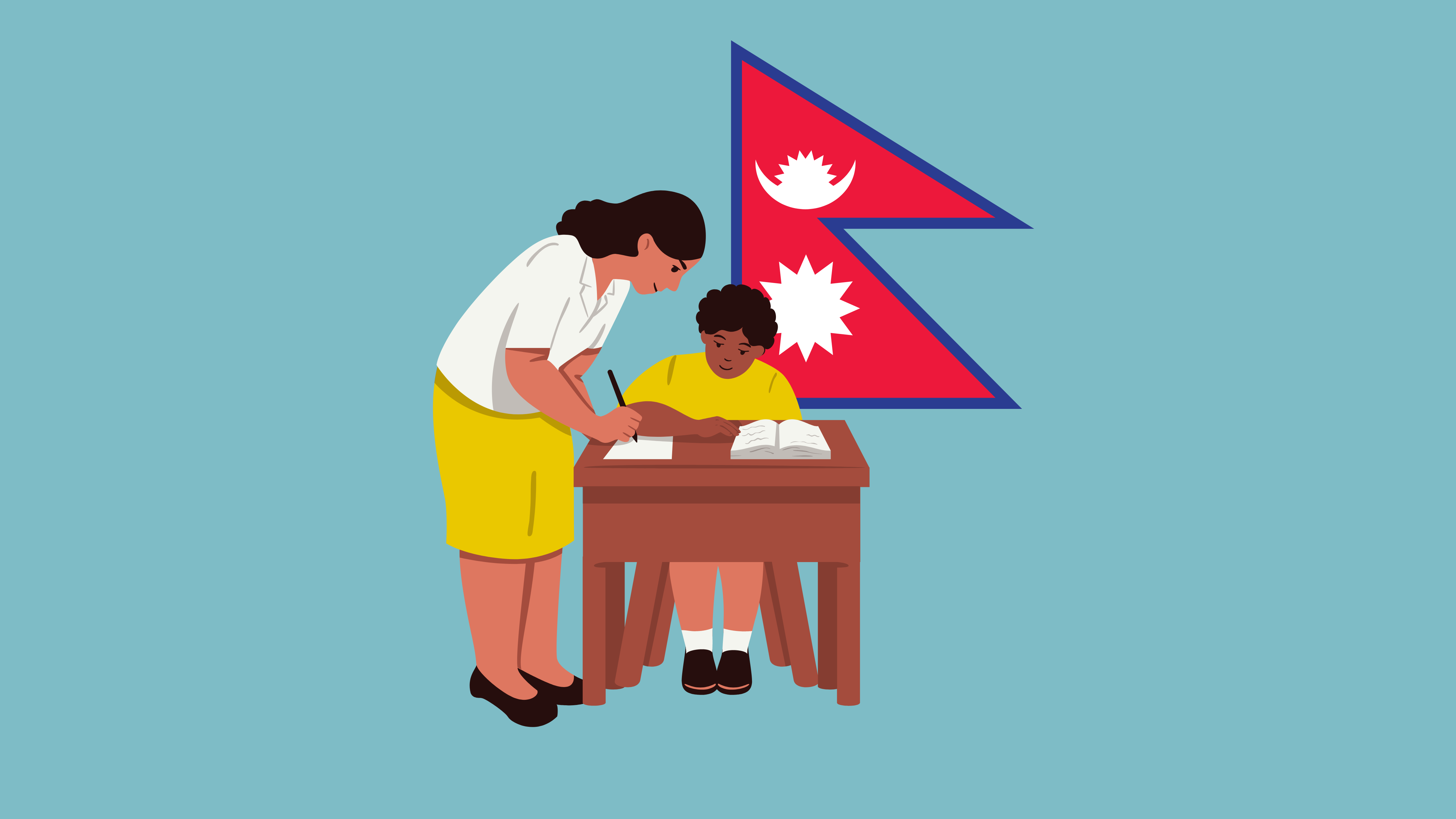 Teacher helping student study with nepal flag behind them
