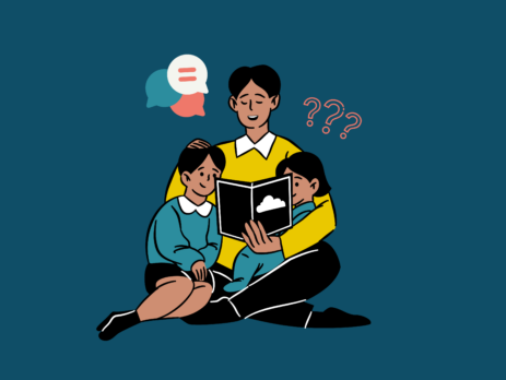 a parent reading to their kids along with a graphic of question marks and speech bubbles