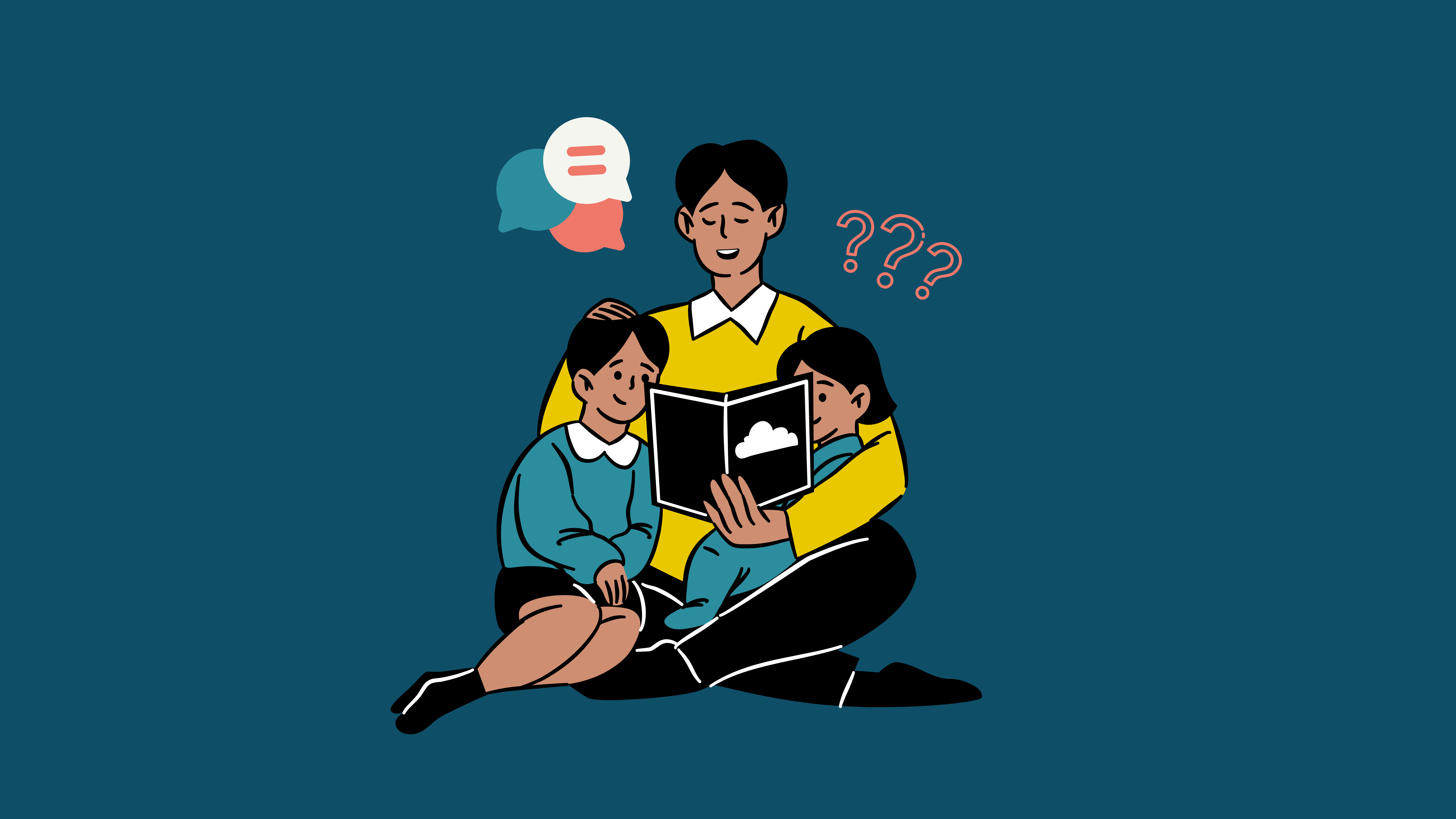 a parent reading to their kids along with a graphic of question marks and speech bubbles