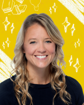Headshot of Mandy Wallace with yellow background with chalk elements