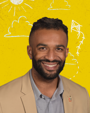 headshot of Jordan Jones, Possip Sales team member, with yellow background and chalk elements.