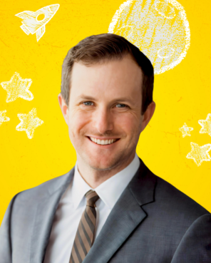 Headshot of Kyle Pendergast with yellow background and chalk elements.